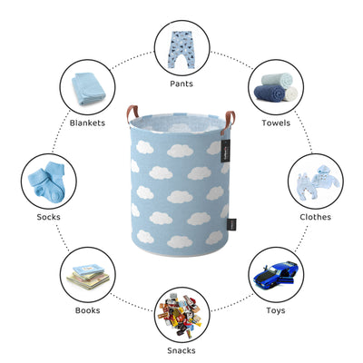 Laundry baskets, waterproof laundry hamper with imitation leather handles, toy storage and clothes hamper for boys and girls, CalMyotis large Storage Baskets for baby, Blue Clouds&Stars, 2 PACKS